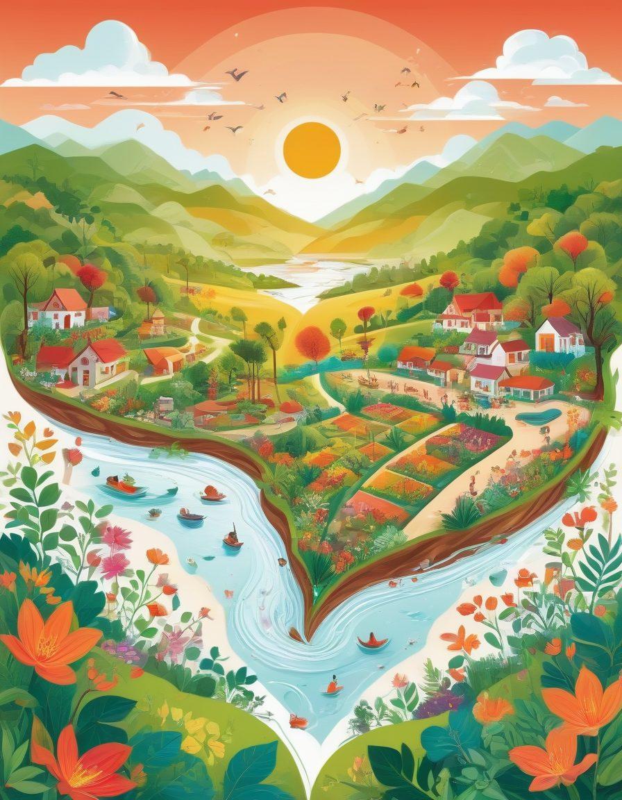 A whimsical map illustrating a vibrant dating landscape, adorned with heart-shaped landmarks and wellness symbols such as yoga mats and healthy foods. Include diverse couples connecting across the map, surrounded by lush greenery and warm colors. Infuse a sense of joy and exploration, with a sun setting on the horizon. vector art. vibrant colors. white background.
