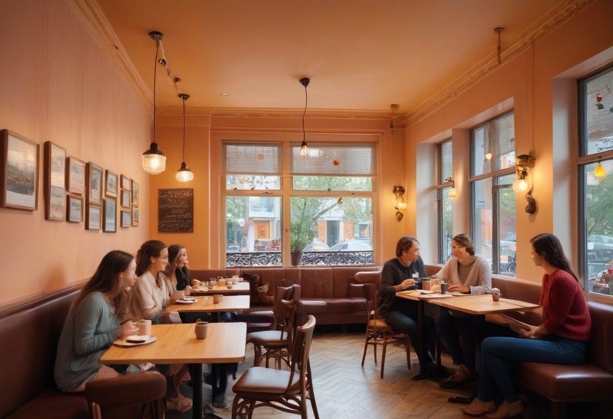 A warm and inviting scene depicting a diverse group of people experiencing moments of connection, like laughter and conversation in a cozy café setting. Include subtle heart motifs in the background to symbolize love, with soft, glowing lights creating an intimate atmosphere. Add elements like coffee cups, open books, and blooming flowers for a touch of romance and warmth. vibrant colors. super-realistic.