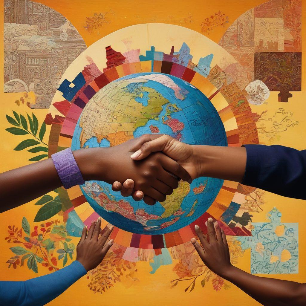 A vibrant collage showcasing diverse cultural symbols such as a woven tapestry, a handshake, a globe, and interlocking puzzle pieces representing unity. In the background, illustrate abstract scenes of community gatherings and storytelling moments. The colors should be warm and inviting, symbolizing connection and understanding. A subtle overlay of handwritten notes and diagrams to represent strategies being formed. super-realistic. vibrant colors. textured background.